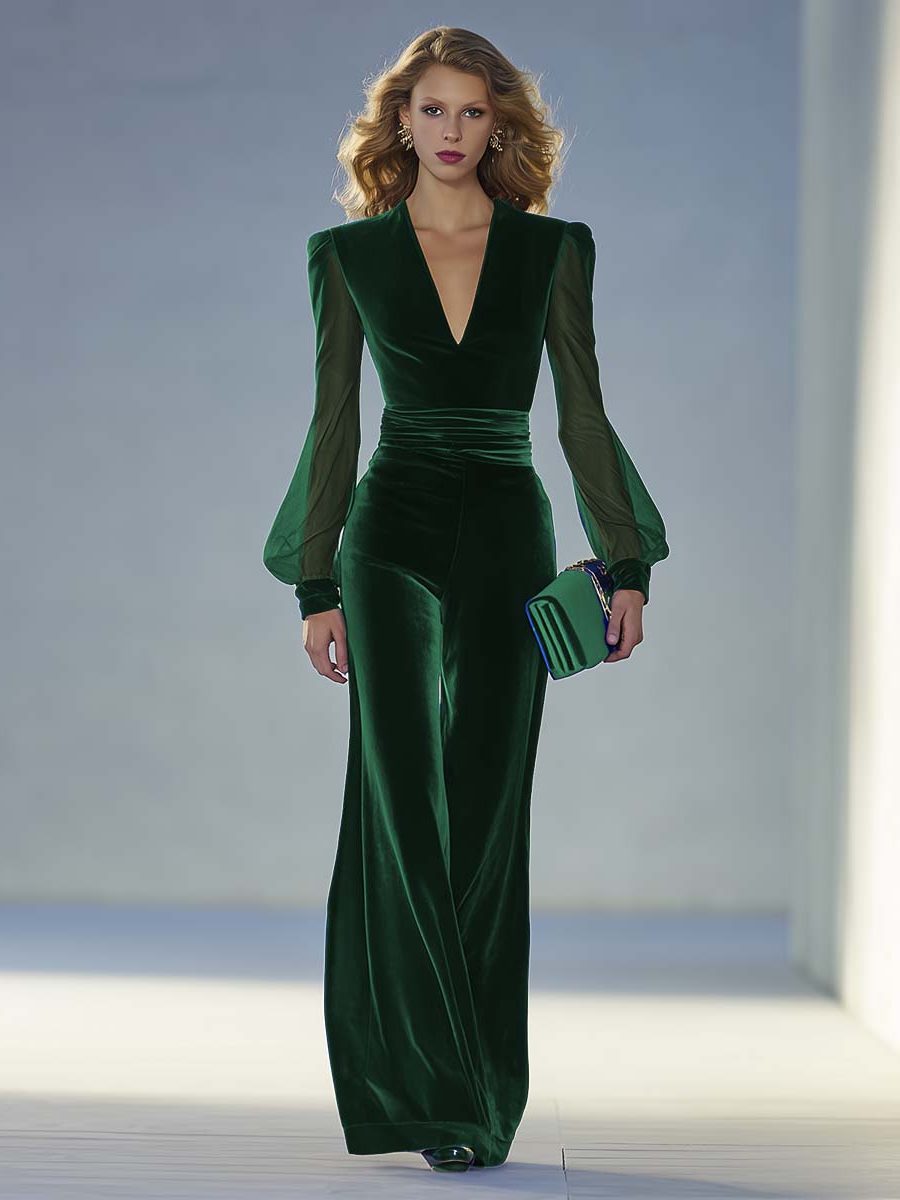 Formal women's royal blue wide-leg maxi jumpsuit, V-neck and long sleeves, ideal for special occasions.