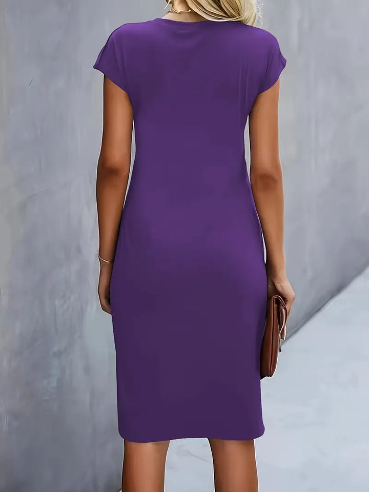 Ladies' formal dress, elegant ruched design, cap sleeves, for professional settings.