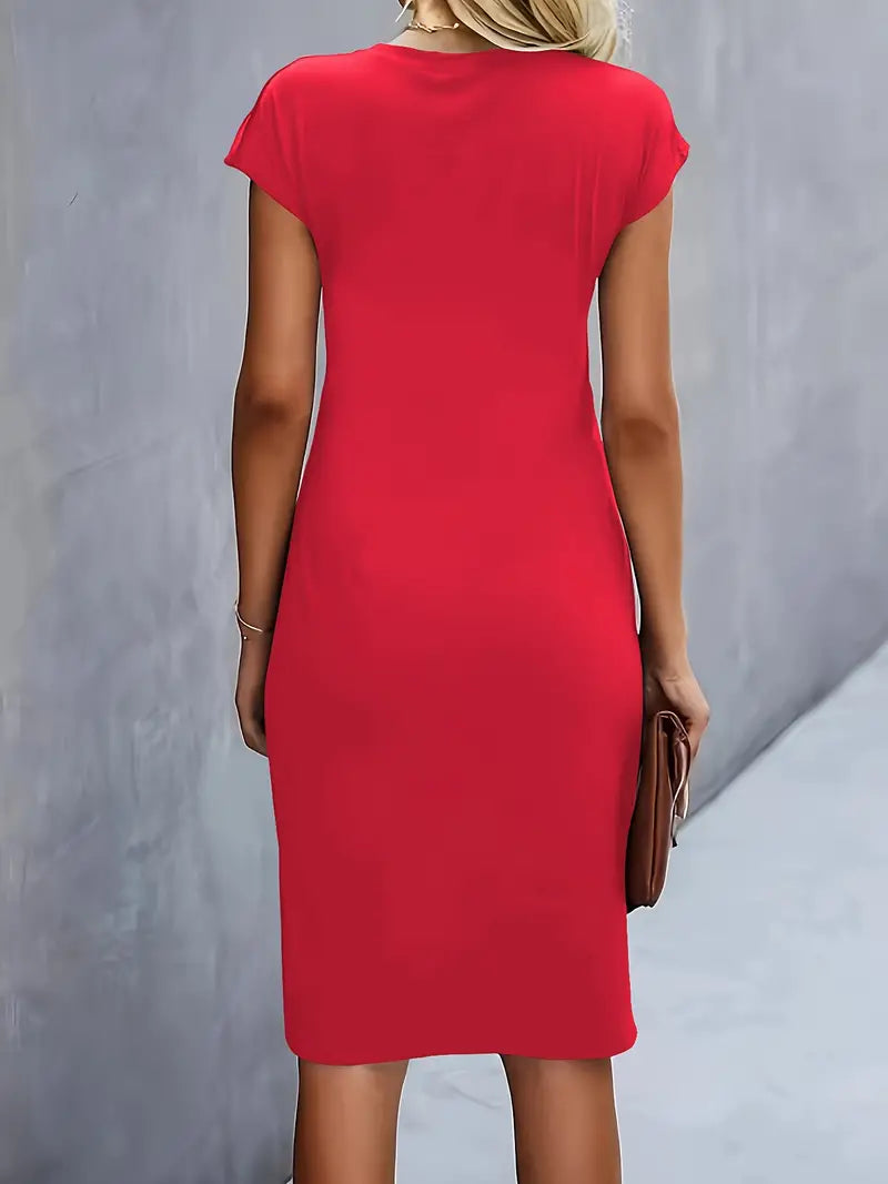 Professional and elegant women's ruched sheath dress with cap sleeves.