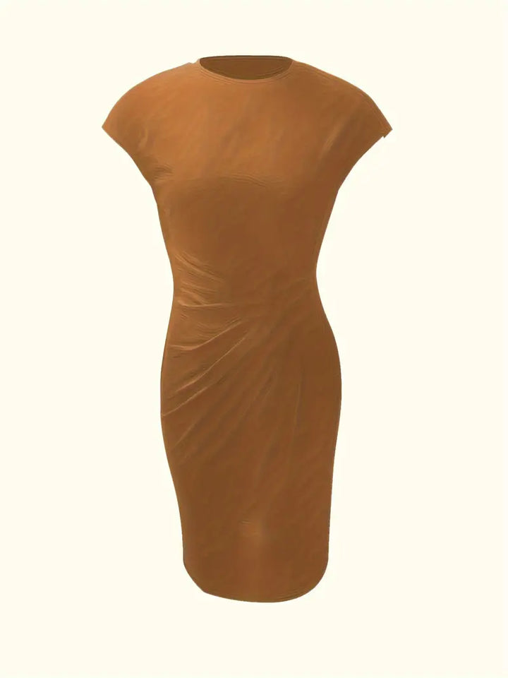 Chic women's sheath dress with flattering ruched design and elegant cap sleeves.
