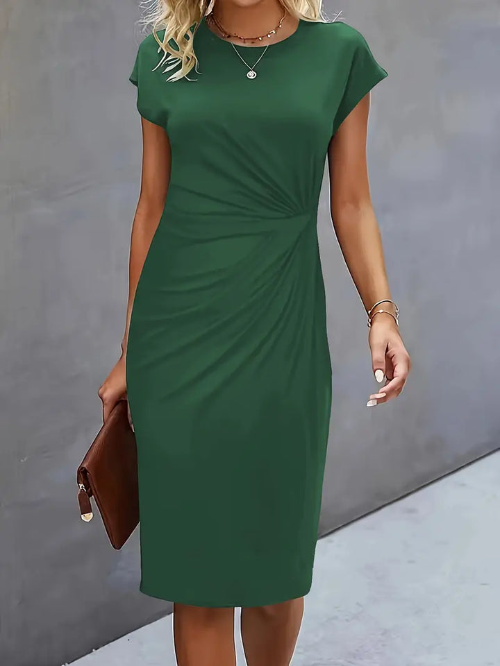 Formal women's ruched knee-length dress, cap sleeves, suitable for office wear.