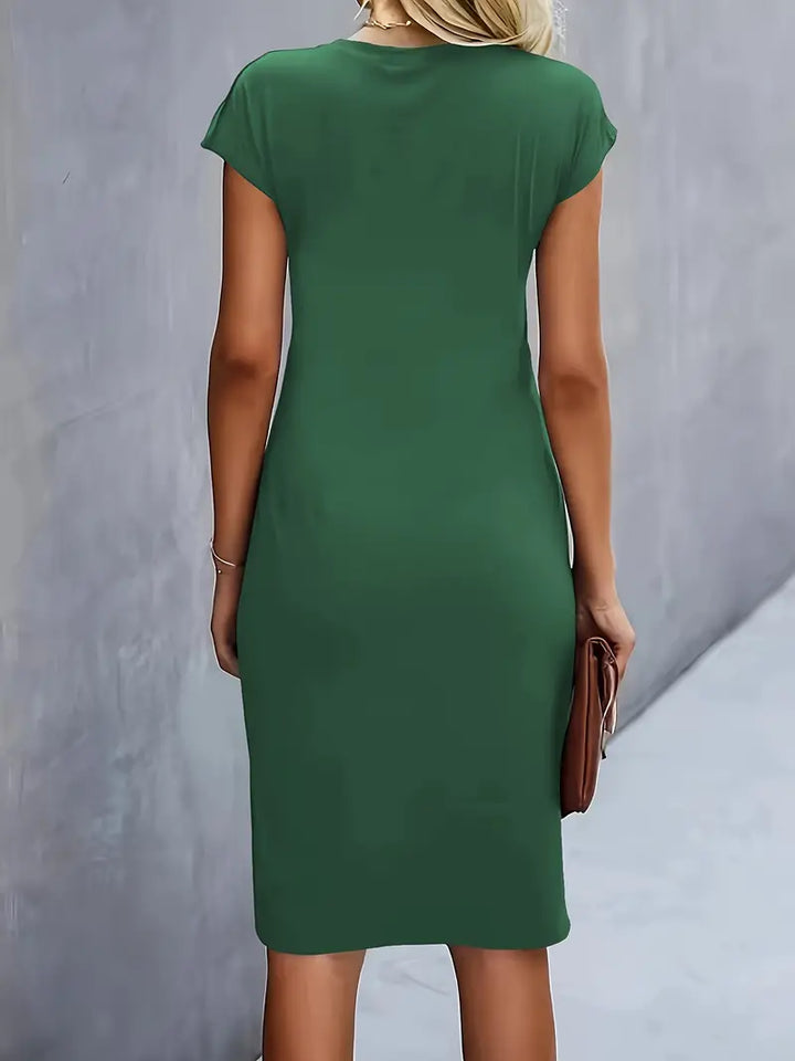 Versatile women's elegant sheath dress, ruched bodice, cap sleeves, for day to night.