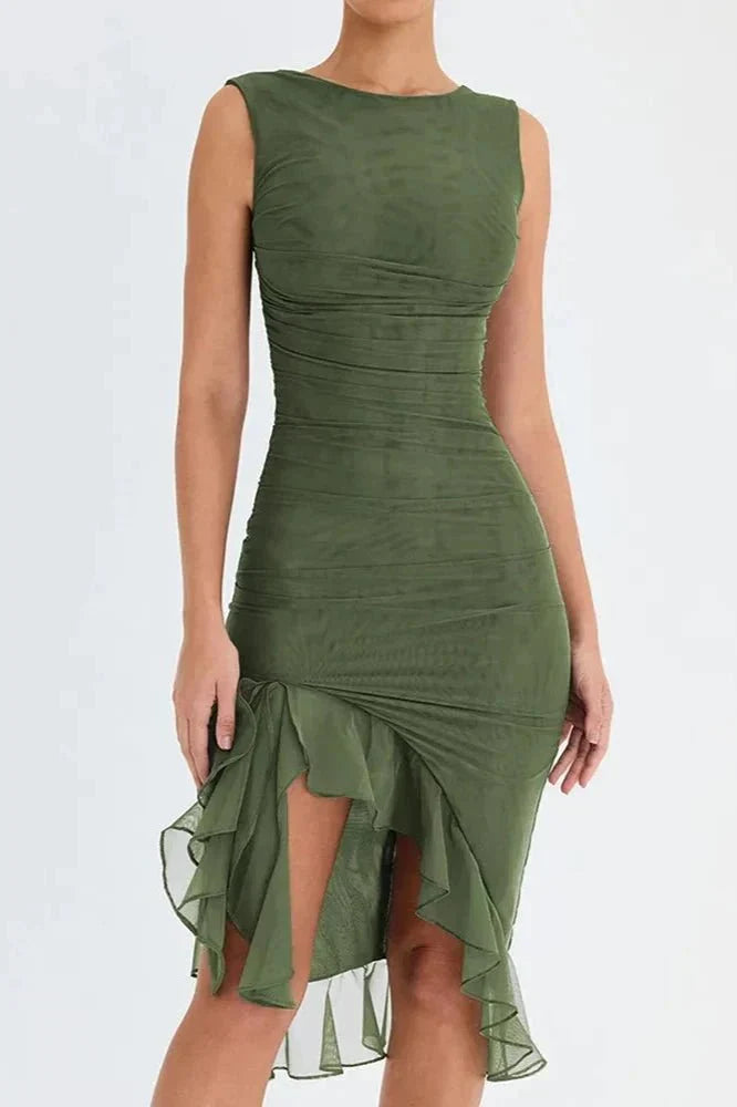 Chic women's sleeveless midi dress with elegant ruching, ideal for formal & special events.