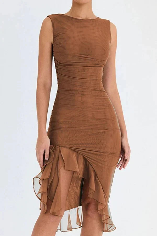 Elegant and stylish women's ruched sleeveless midi dress, ideal for formal events.