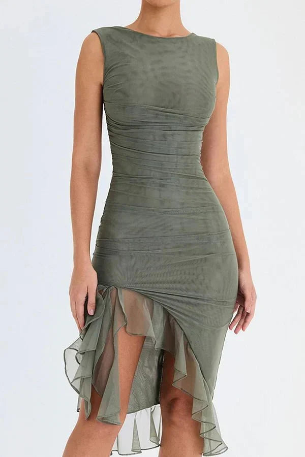 Formal women's ruched midi dress, sleeveless design, offering an elegant and chic look.
