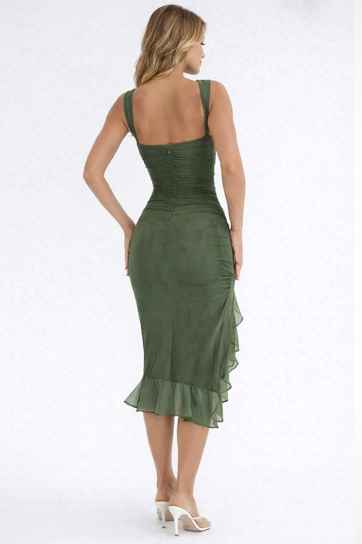 Sleeveless ruched midi cocktail dress for women, offering an elegant & fashionable look.
