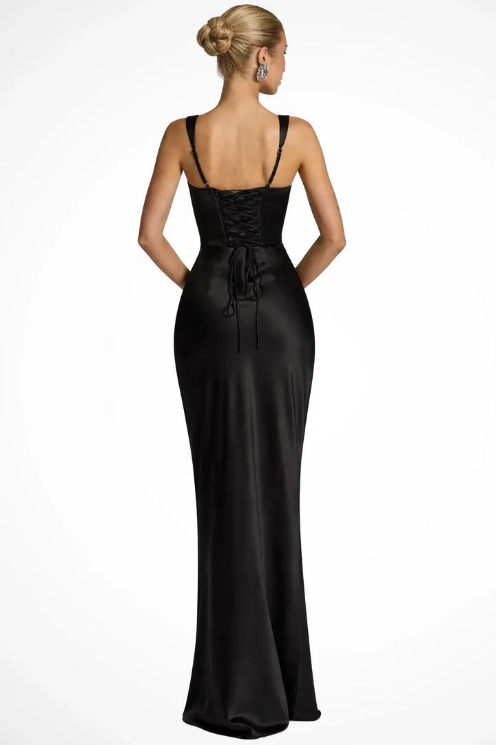 Chic sleeveless ruched maxi dress with elegant square-neck & stylish lace-up back detail for parties.