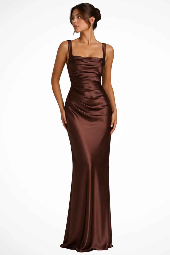 Women's elegant long square-neck evening gown, featuring flattering ruched detailing. Ideal for formal wear.