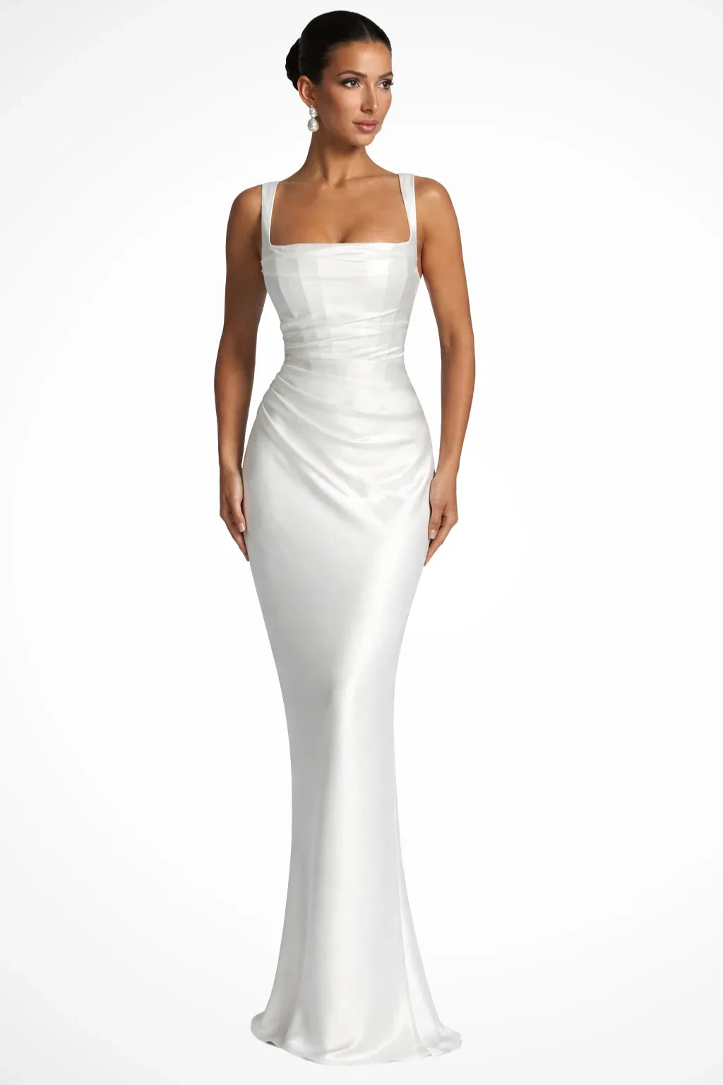 Formal women's party gown: a sleeveless, ruched square-neck maxi dress for elegant special occasion wear.