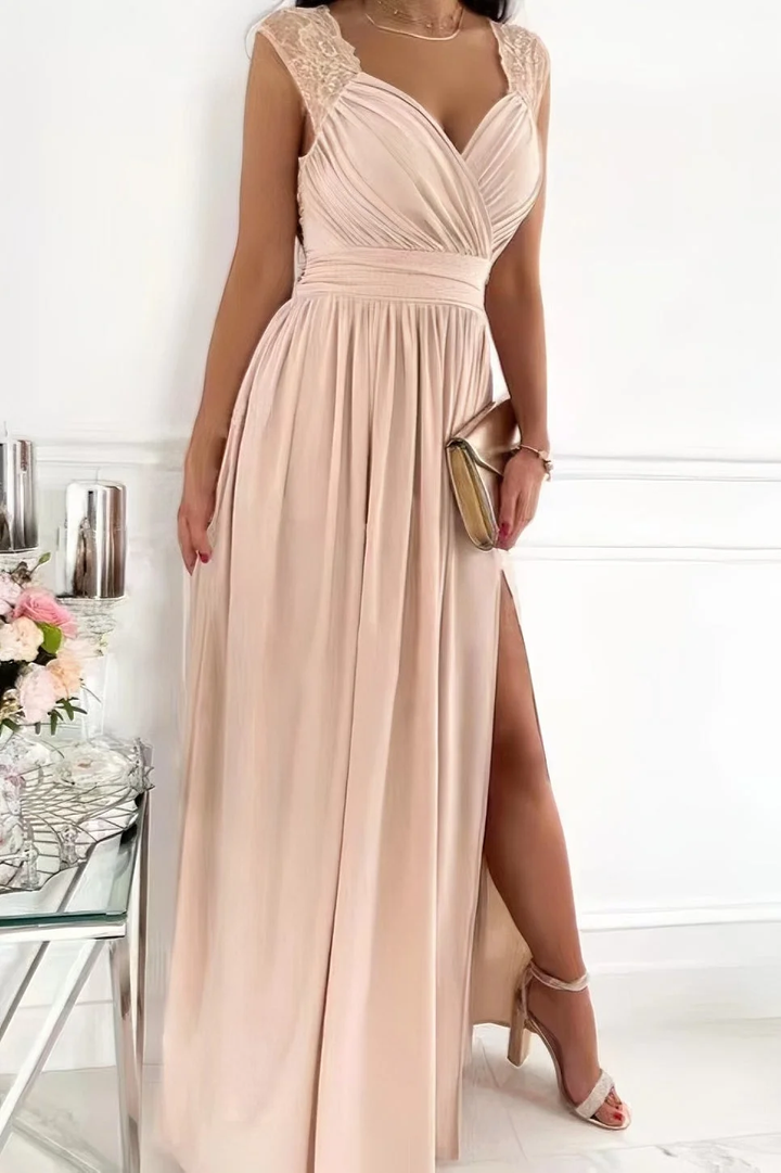 Elegant women's ruched surplice maxi dress with a stylish slit, perfect for parties & evening occasions.