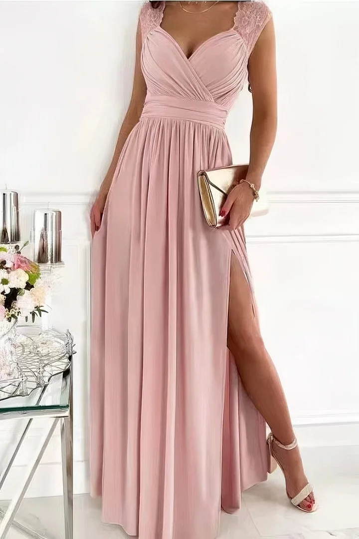 Semi-fitted women's gathered maxi dress featuring ruched details & a surplice neckline, ideal for summer fashion.