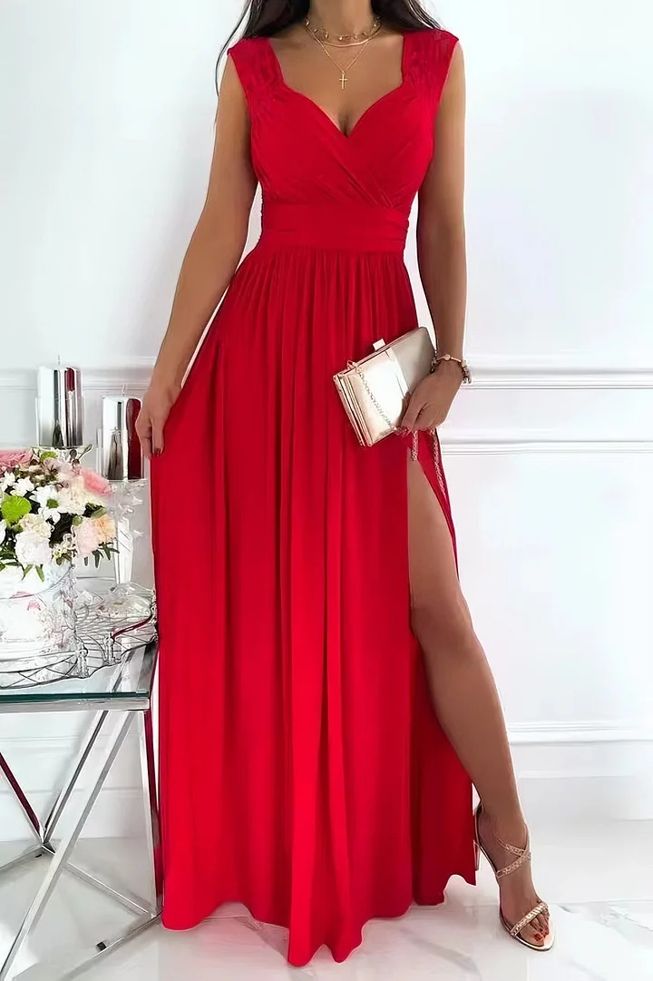Chic women's ruched maxi dress, surplice top & front slit. A perfect elegant party or holiday occasion dress.