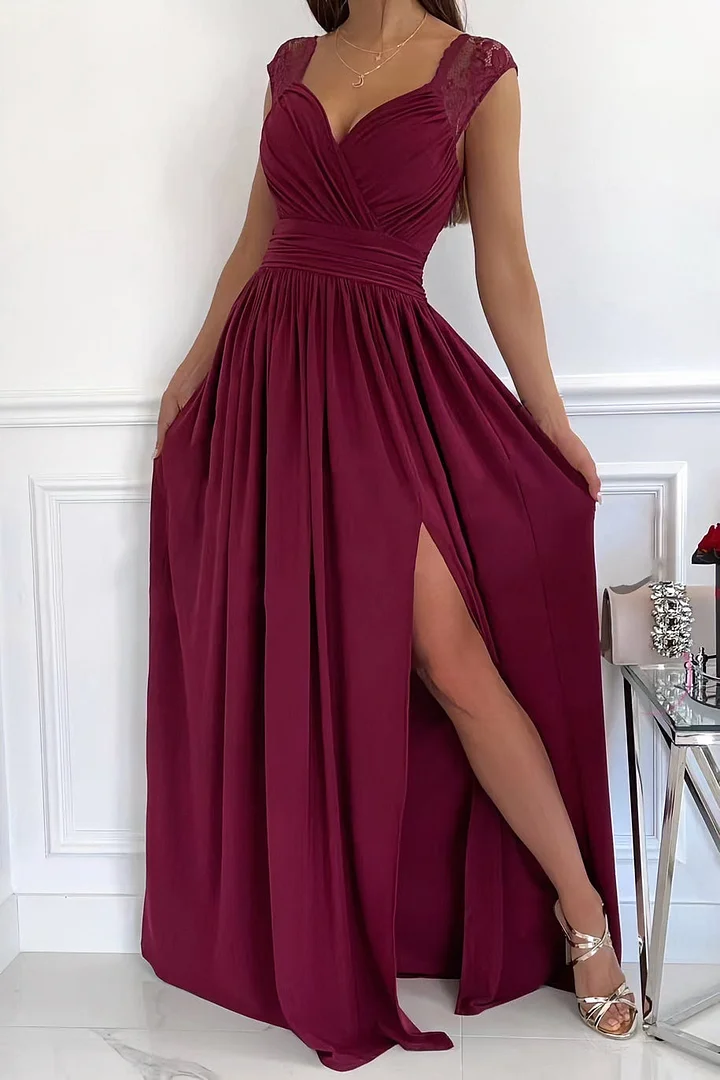 Stylish women's maxi dress with a flattering ruched surplice bodice & elegant side slit. Great for evening wear.