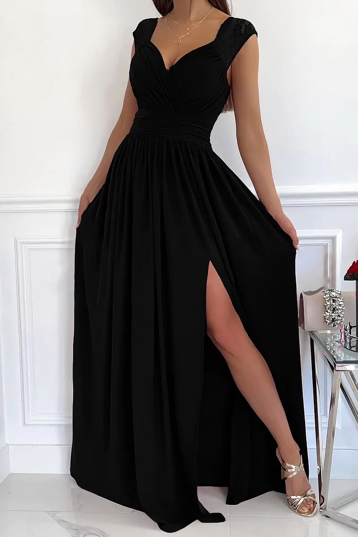 Women's gathered ruched maxi dress with a surplice neckline & fashionable slit. Ideal for elegant summer events.