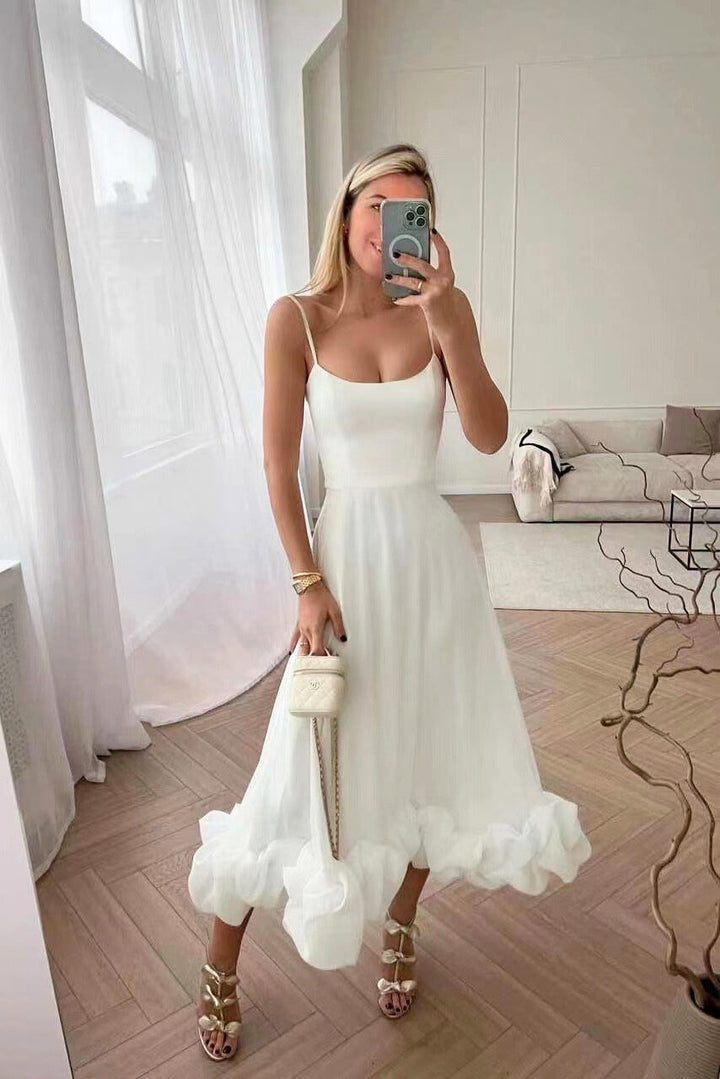 Elegant women's ruffle hem midi dress for wedding guests & formal parties. Perfect A-line evening wear.