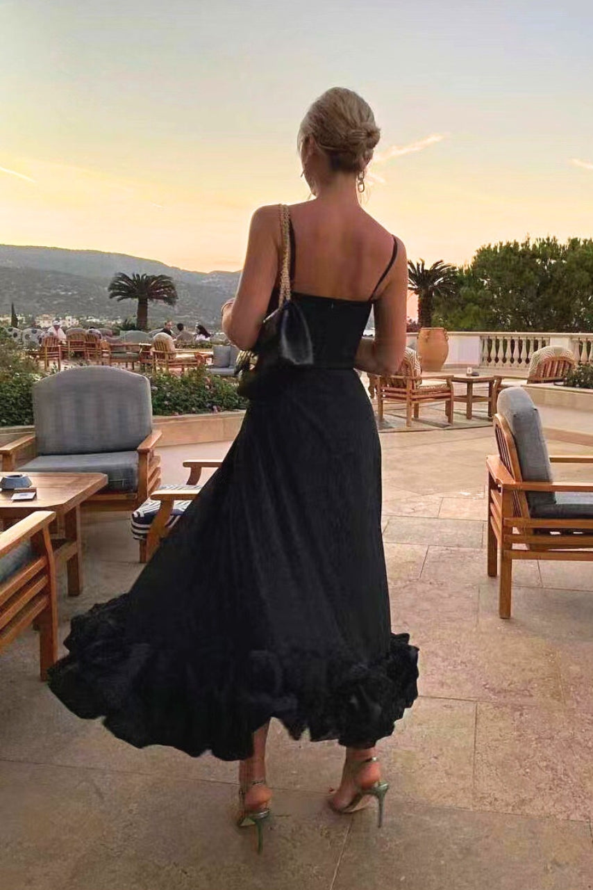Strappy A-line women's midi dress with elegant ruffle hem. Ideal for parties & special occasions.