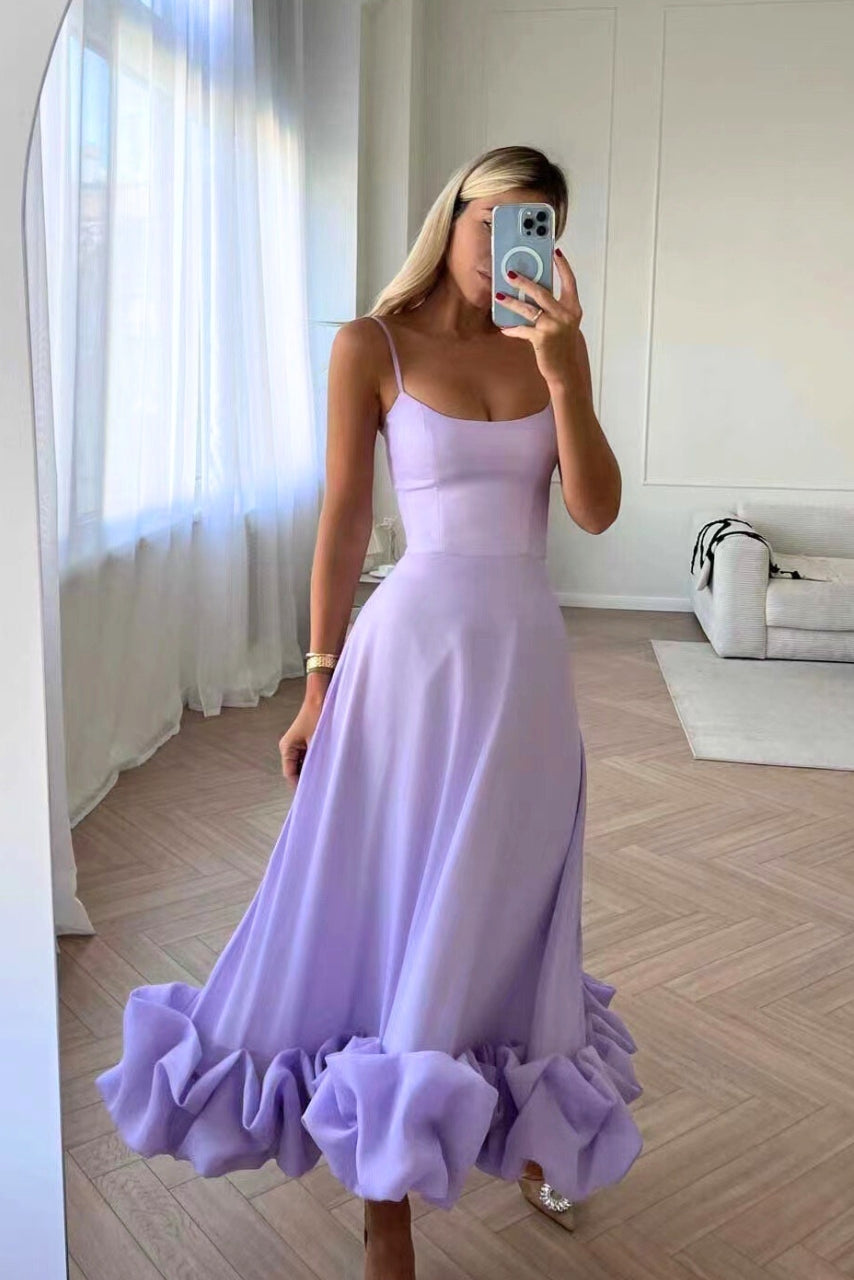 Elegant women's ruffle hem midi dress, ideal for formal parties, weddings, and special occasion evening wear.