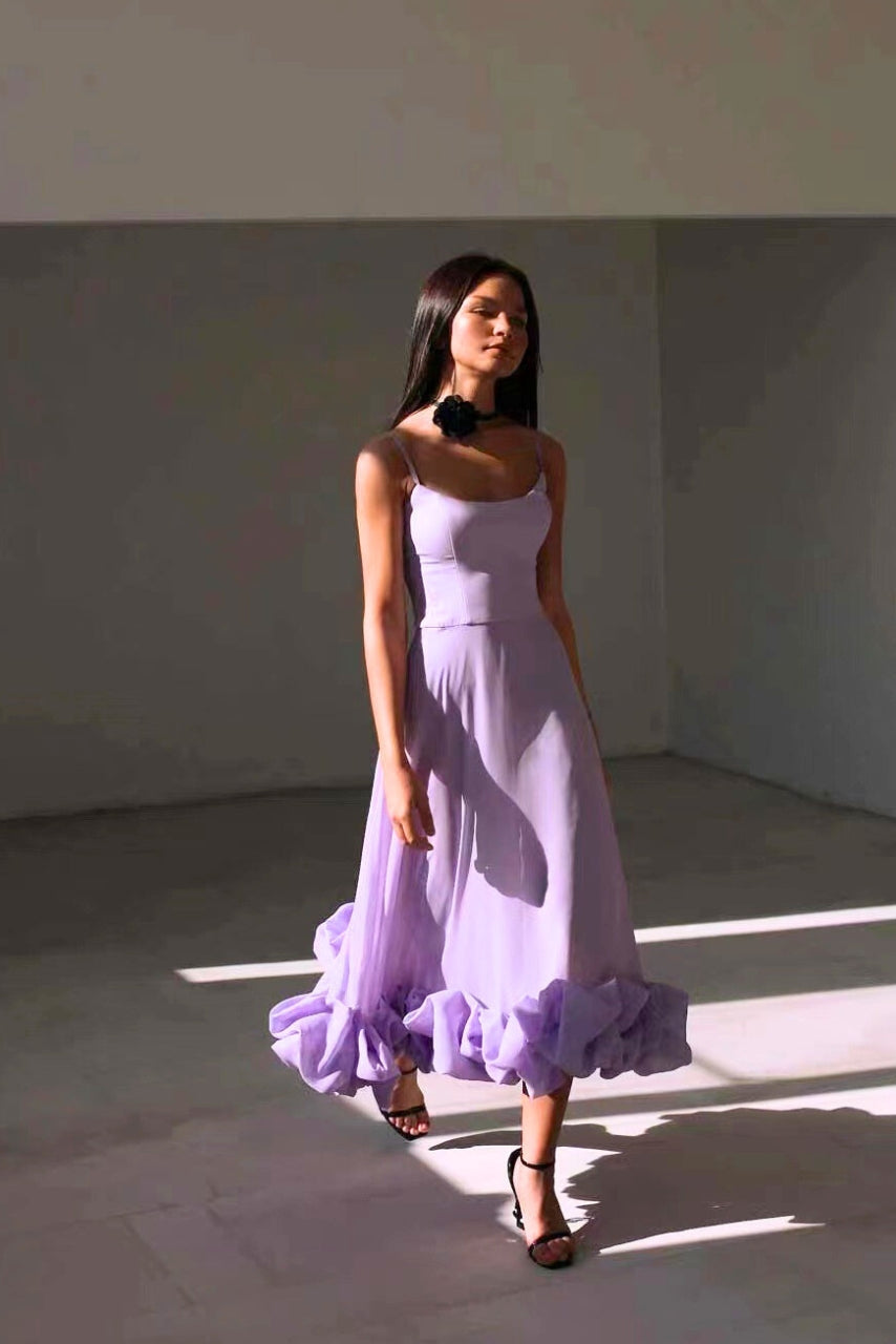 Sophisticated women's party midi dress featuring an elegant ruffle hem. Great for weddings & evening events.