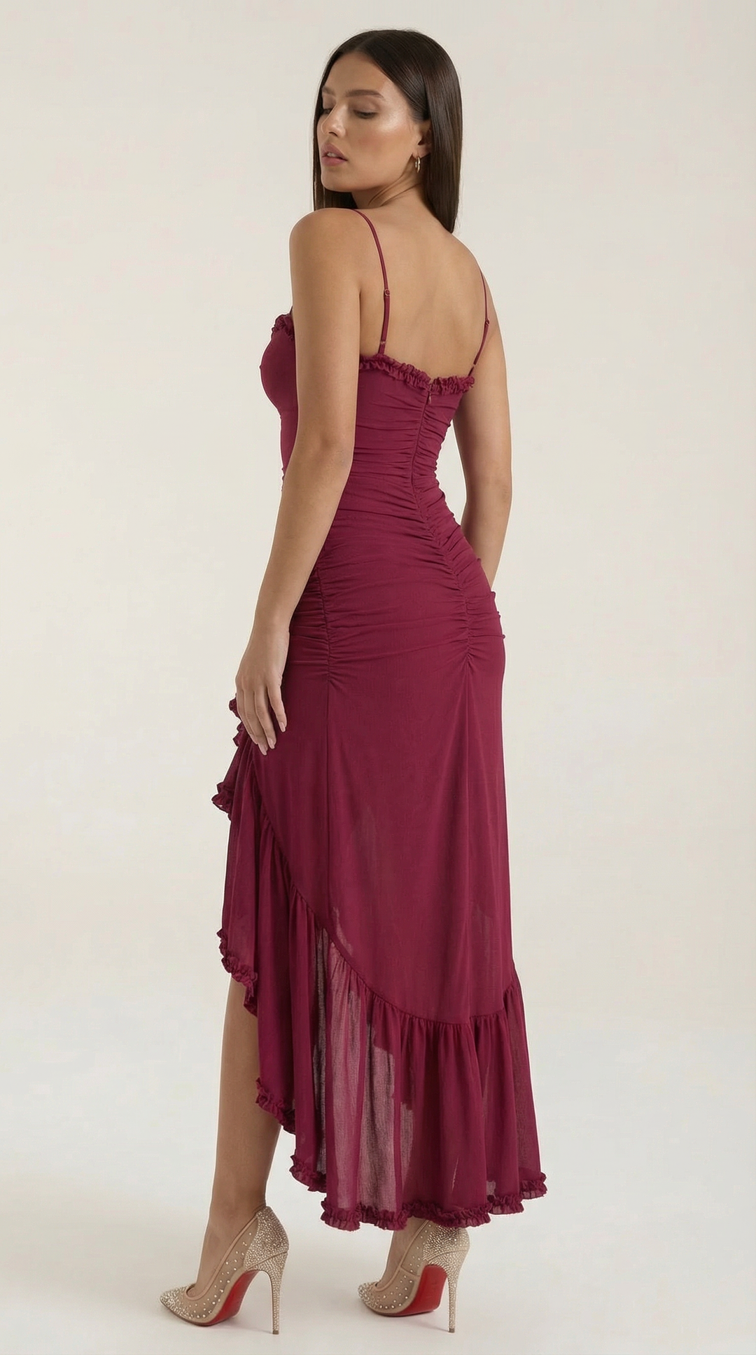 Women's high-low maxi dress with delicate ruffles, perfect for spring, summer & formal wear.