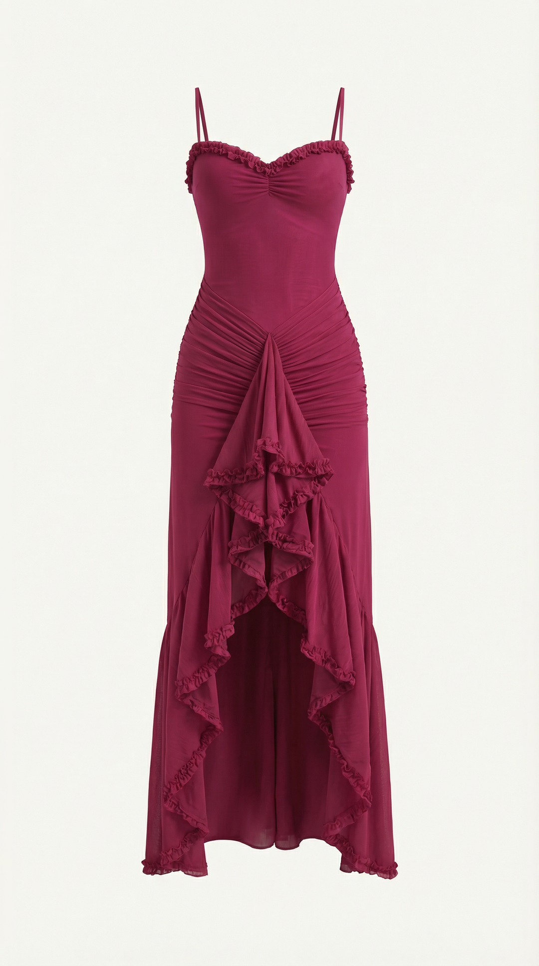 Graceful women's ruffle high-low maxi dress, an elegant choice for evening parties & events.