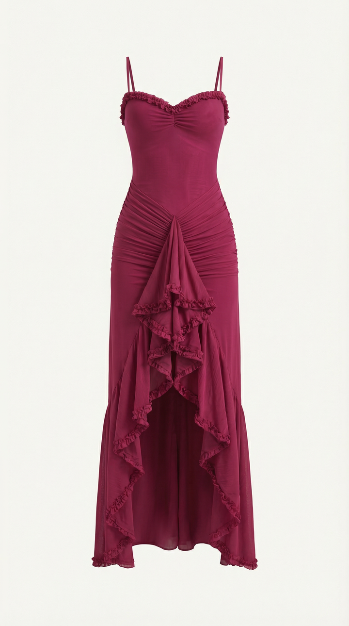 Graceful women's ruffle high-low maxi dress, an elegant choice for evening parties & events.