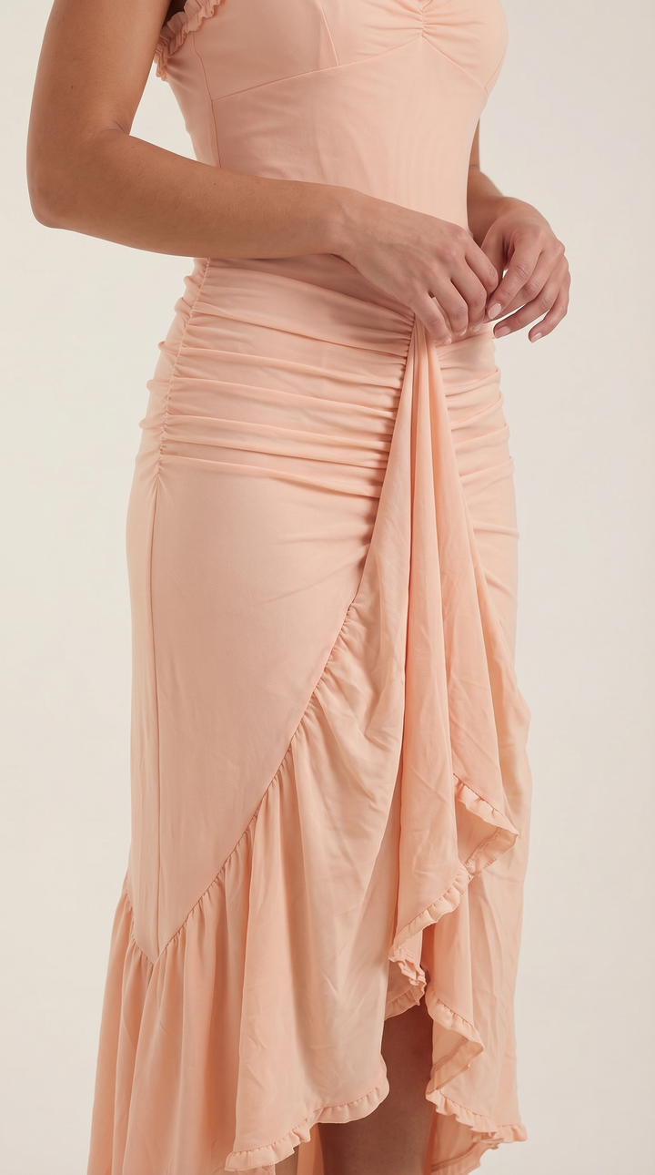 Versatile high-low ruffle maxi dress, a chic women's party dress for summer & spring events.