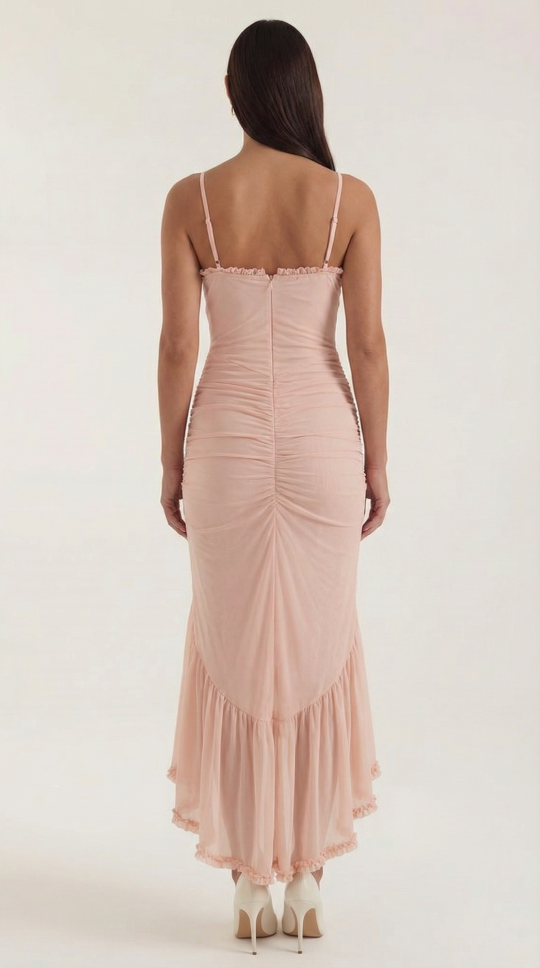 Luxurious women's ruffle high-low maxi dress, perfect for elegant evening wear & special events.