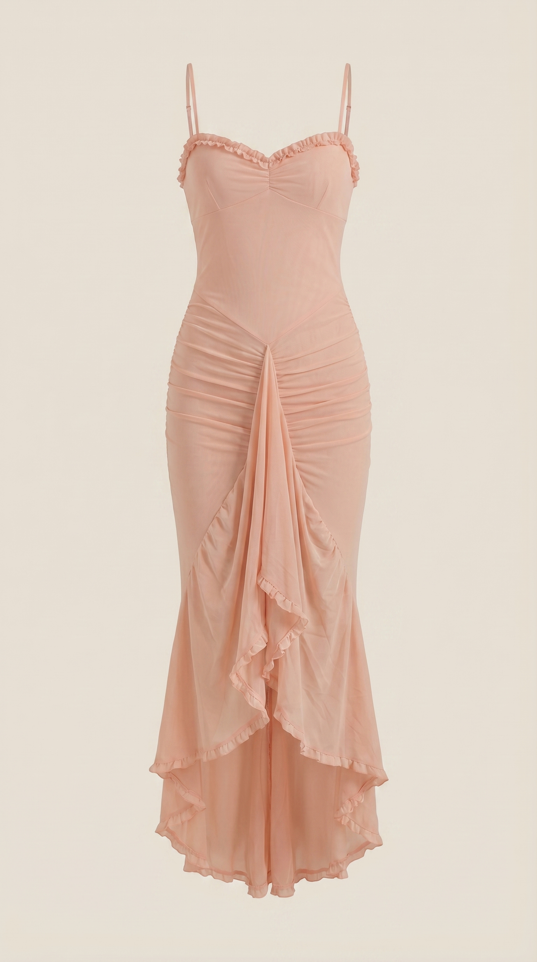 High-low maxi dress with ruffles, an elegant women's evening dress for special occasions.