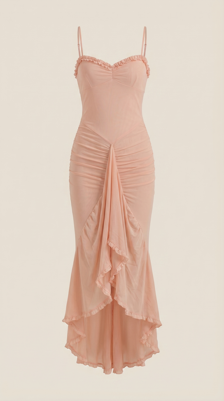 High-low maxi dress with ruffles, an elegant women's evening dress for special occasions.