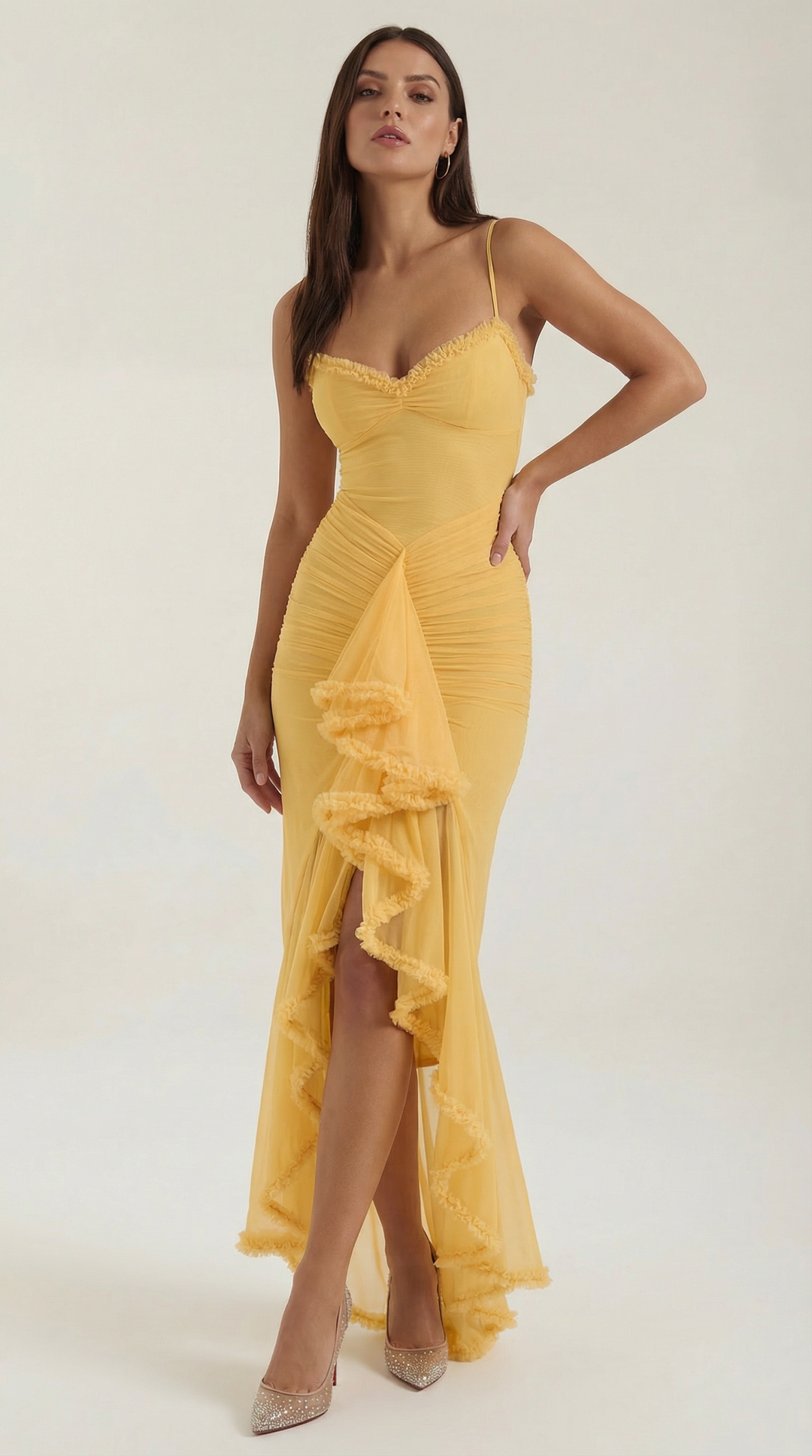 Romantic high-low ruffle maxi dress for women, ideal as a wedding guest or spring party dress.
