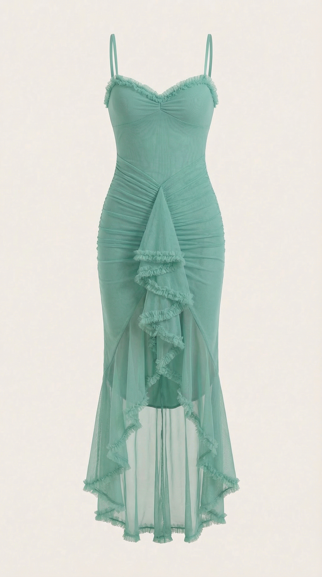 Sophisticated women's high-low maxi dress with ruffles, perfect for formal summer evenings.