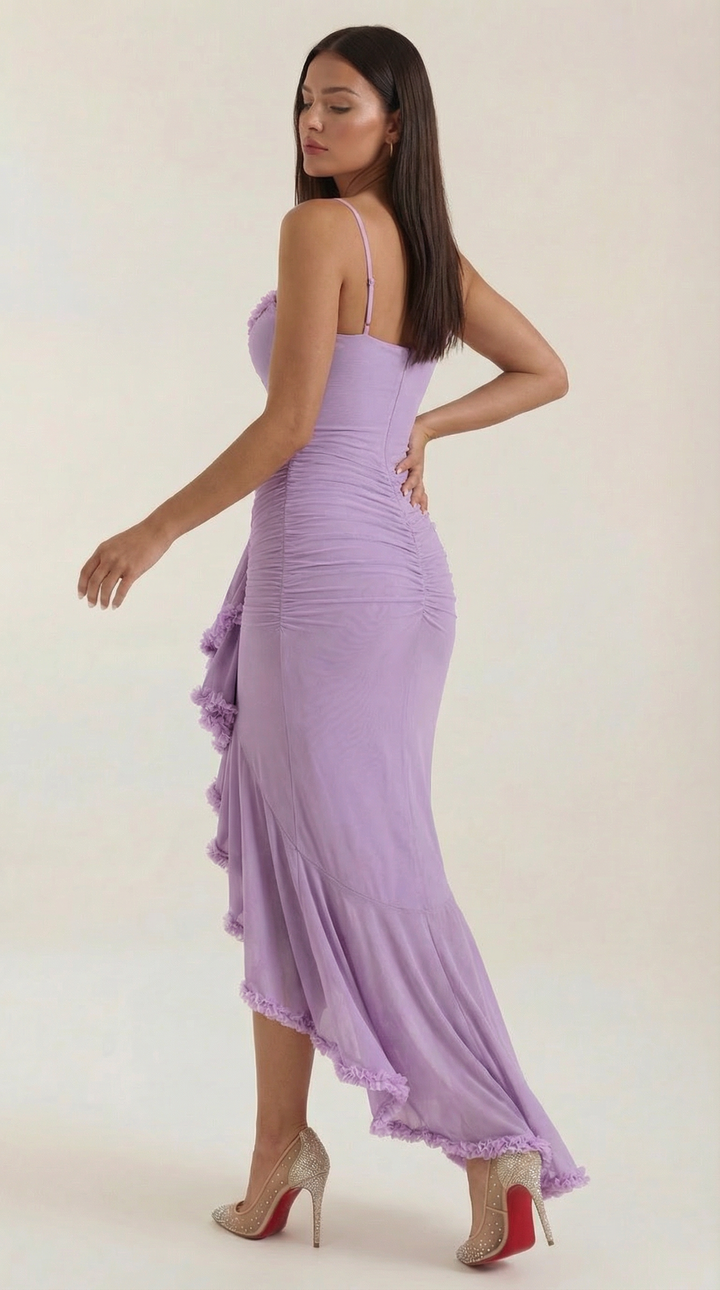 Romantic women's ruffle high-low maxi, a perfect spring or summer evening dress choice.