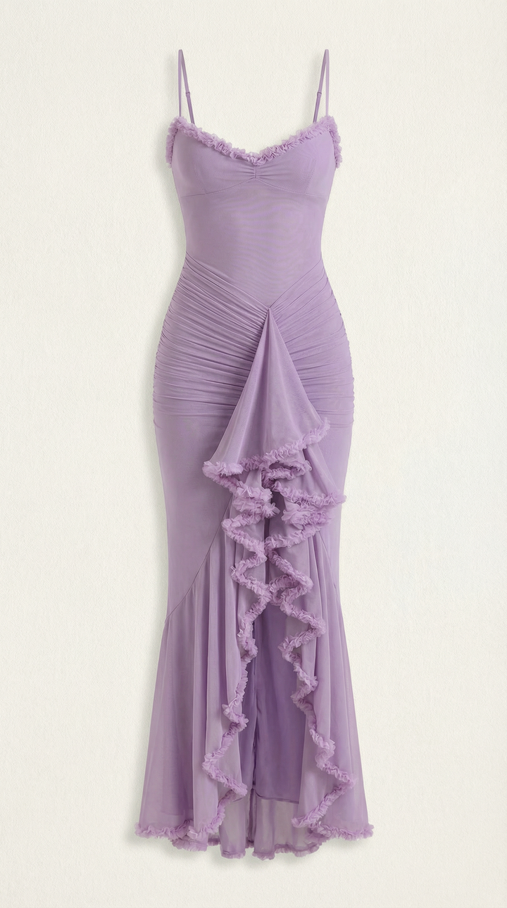 Elegant women's ruffle high-low maxi, a versatile party dress for spring, summer, or fall.