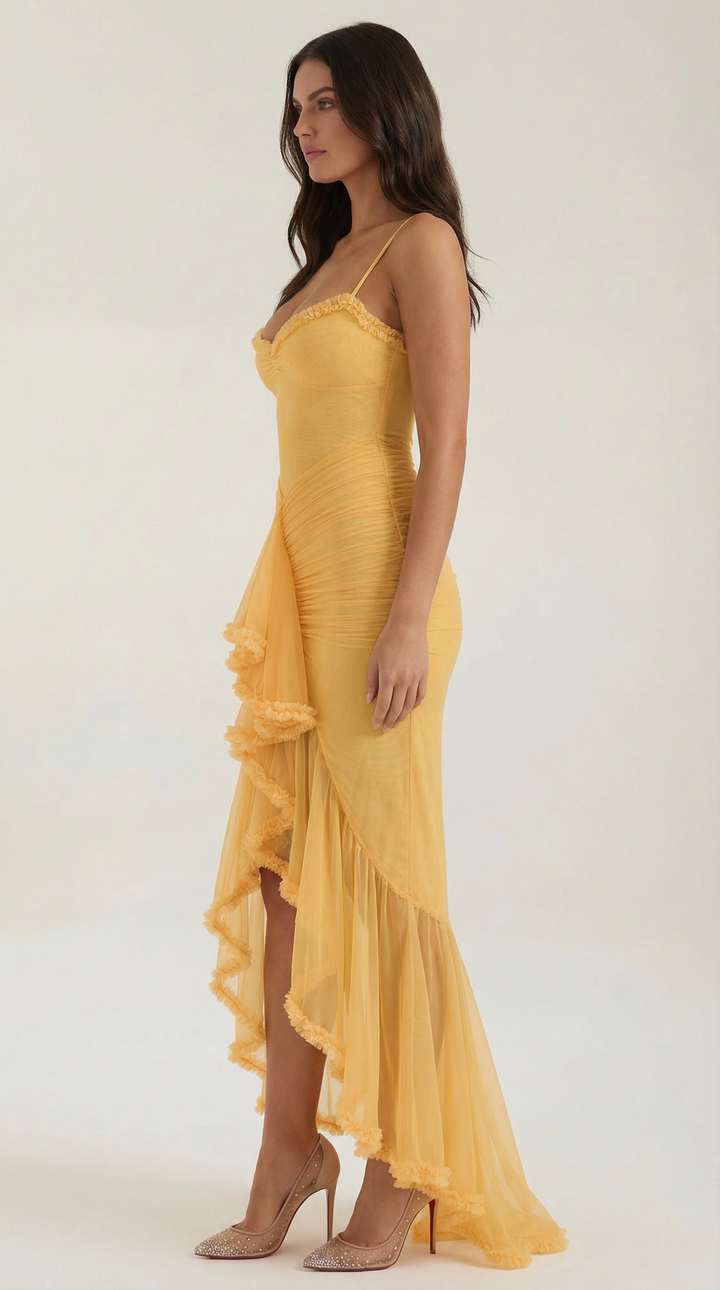 Chic women's high-low ruffle maxi dress, a stylish choice for formal and summer events.