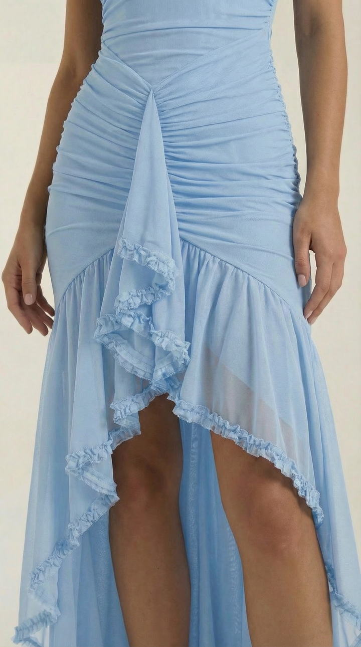 Stunning high-low ruffle maxi dress for women, an elegant formal dress & wedding guest option.