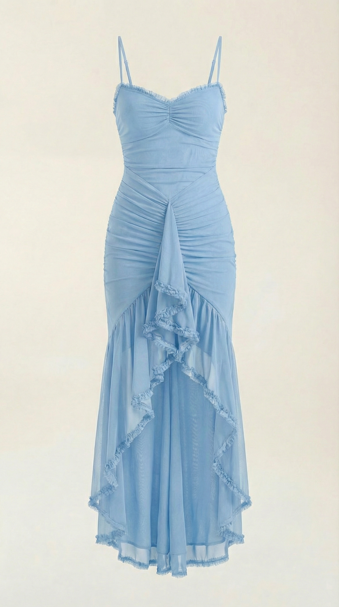 Chic women's high-low maxi dress with ruffles, perfect for romantic spring & summer events.