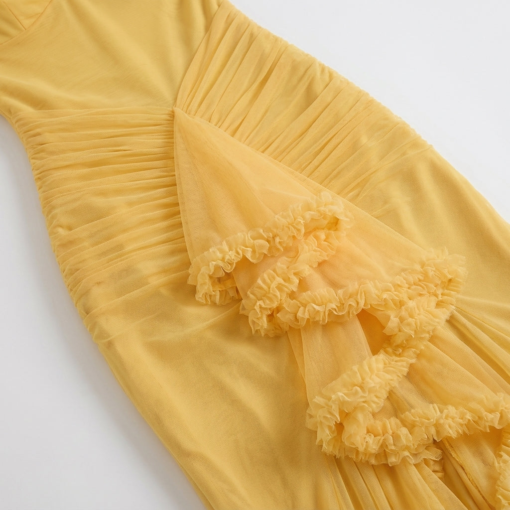 Women's elegant ruffle high-low maxi, ideal for weddings, parties & special occasion wear.