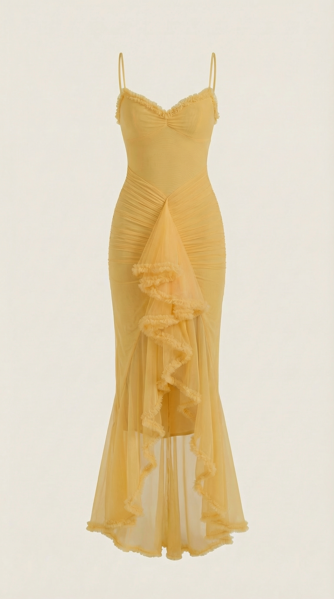 Romantic women's ruffle maxi dress, excellent for evening events & wedding guest attire.