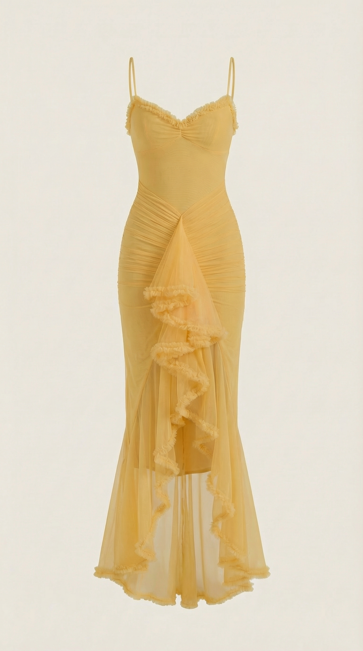 Romantic women's ruffle maxi dress, excellent for evening events & wedding guest attire.