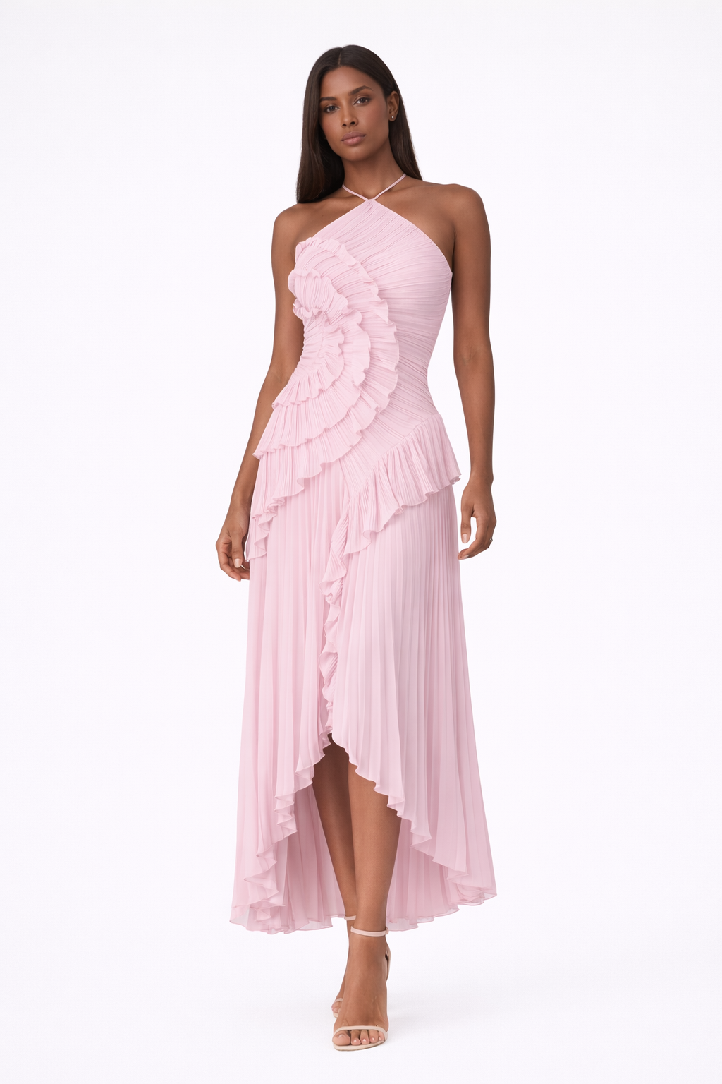 Elegant women's ruffle maxi dress with a halter neckline & asymmetric hem, perfect for summer occasions & holidays.