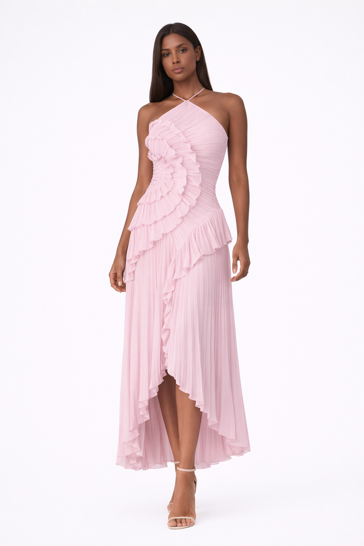 Elegant women's ruffle maxi dress with a halter neckline & asymmetric hem, perfect for summer occasions & holidays.