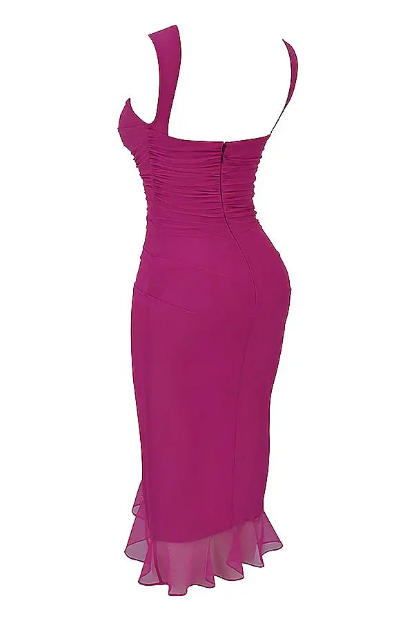 Classic elegant ruffle midi dress for women. Versatile, flattering, perfect for occasions & parties.