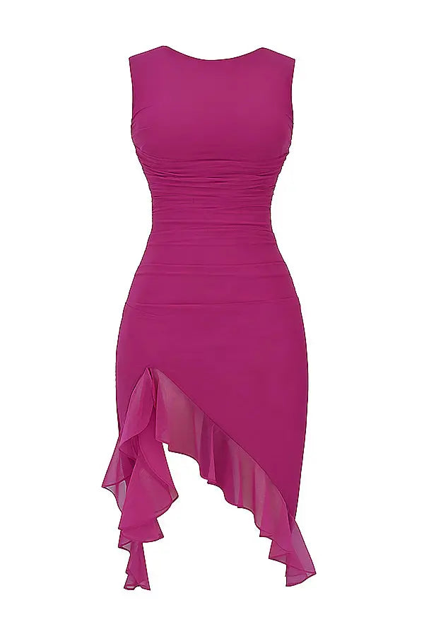 Trendy women's midi dress featuring elegant ruffles. Versatile, flattering, chic occasion dress.