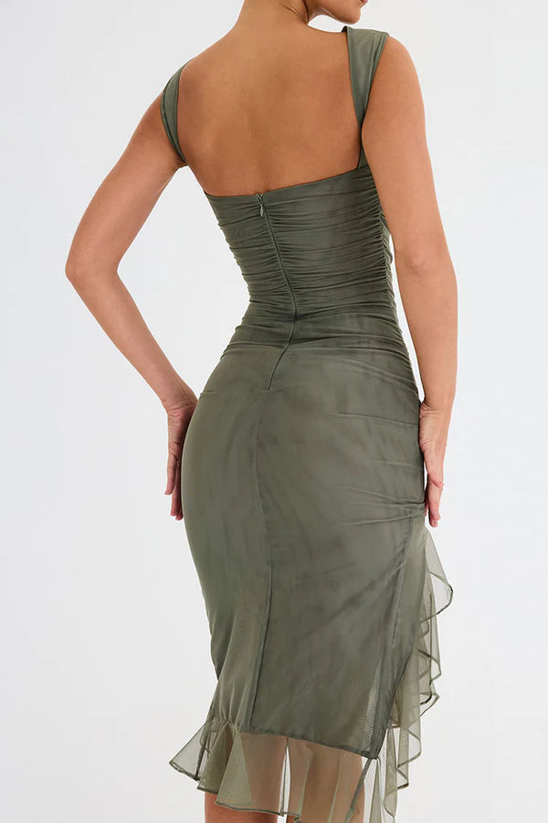 Blue elegant ruffle midi dress for women. Versatile for casual or formal occasions, elegant & flattering.
