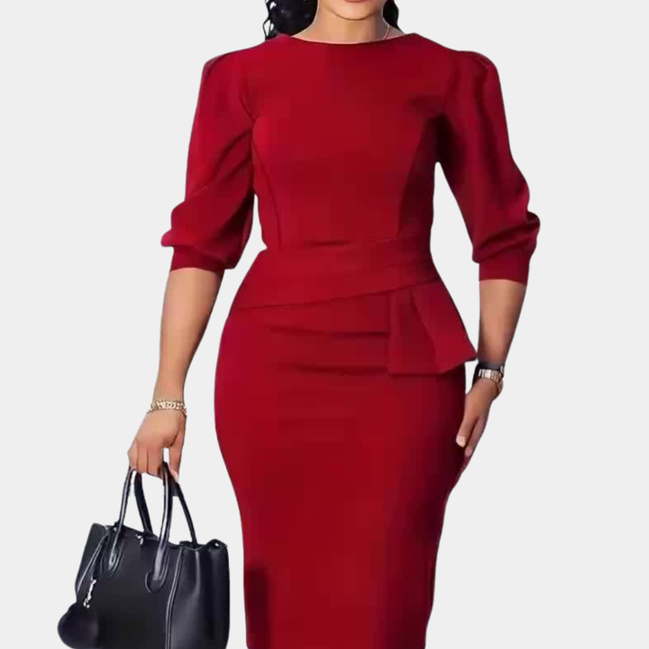 Elegant women's ruffle midi dress with three-quarter sleeves, perfect for sophisticated party or office wear.