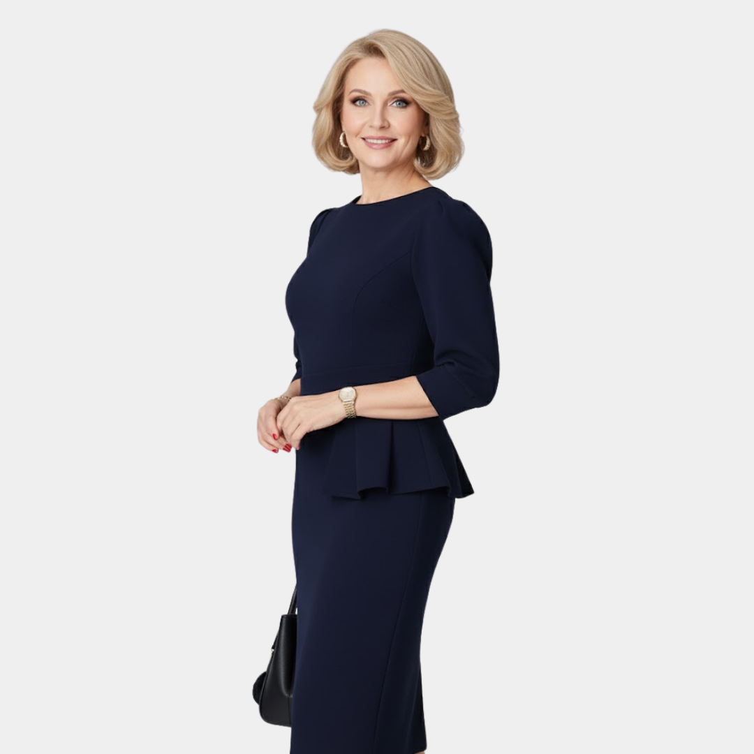 Classic ladies' ruffle midi dress, timeless and elegant, suitable for party, cocktail, or professional settings.
