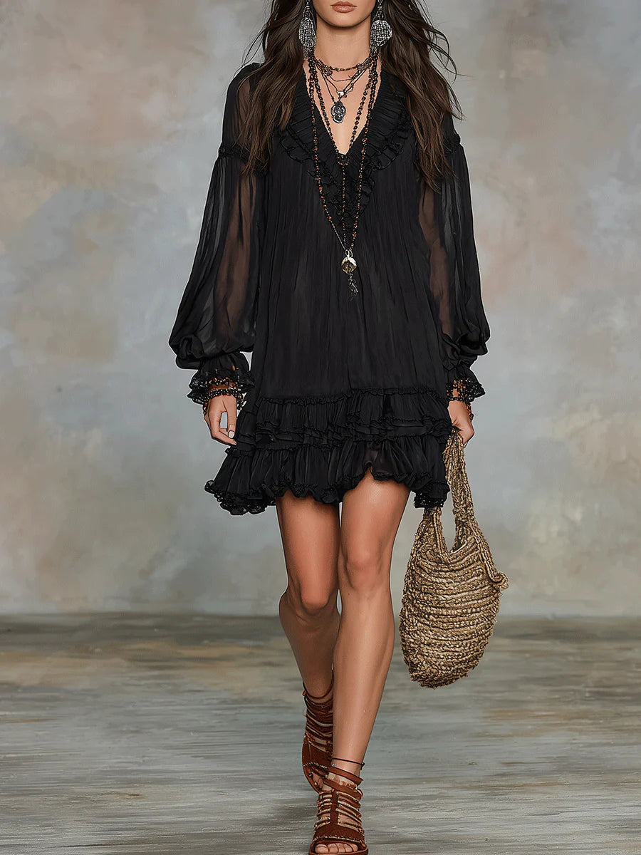 Women's elegant ruffle mini dress. Versatile short dress for parties or casual wear, a stylish women's fashion essential.
