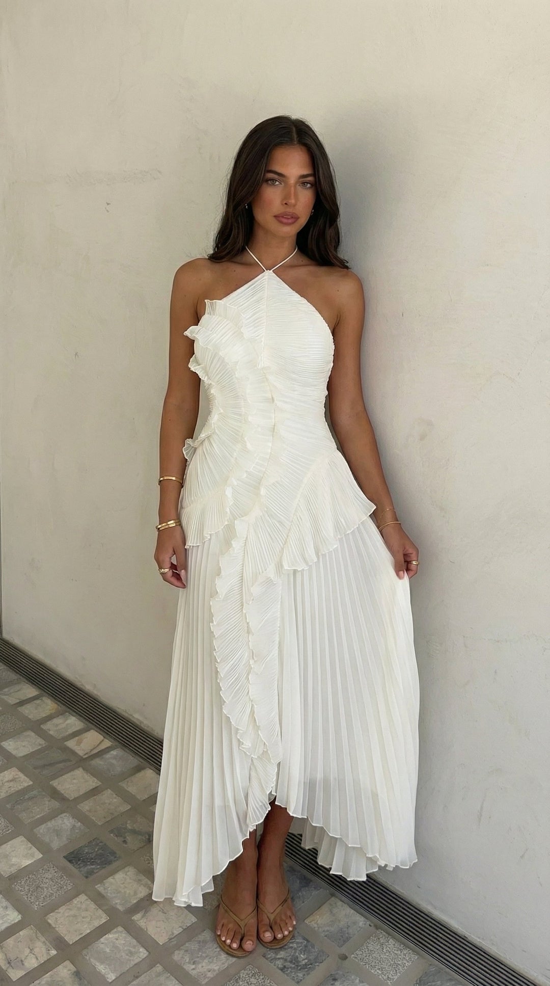 Women's party maxi dress, flattering ruffle and spaghetti strap design, V-neck style.