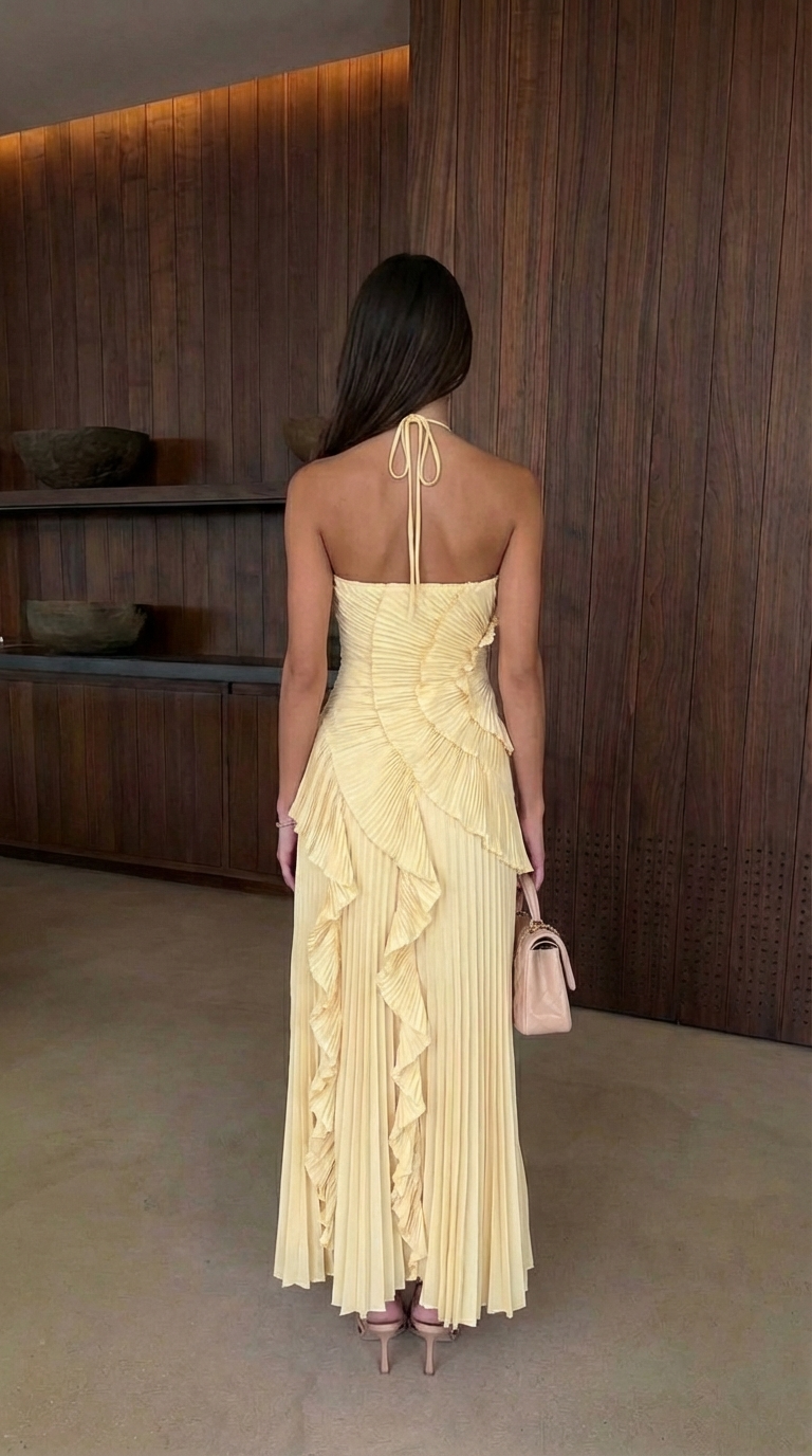 Beautiful women's summer ruffle maxi dress with adjustable spaghetti straps & V-neck.