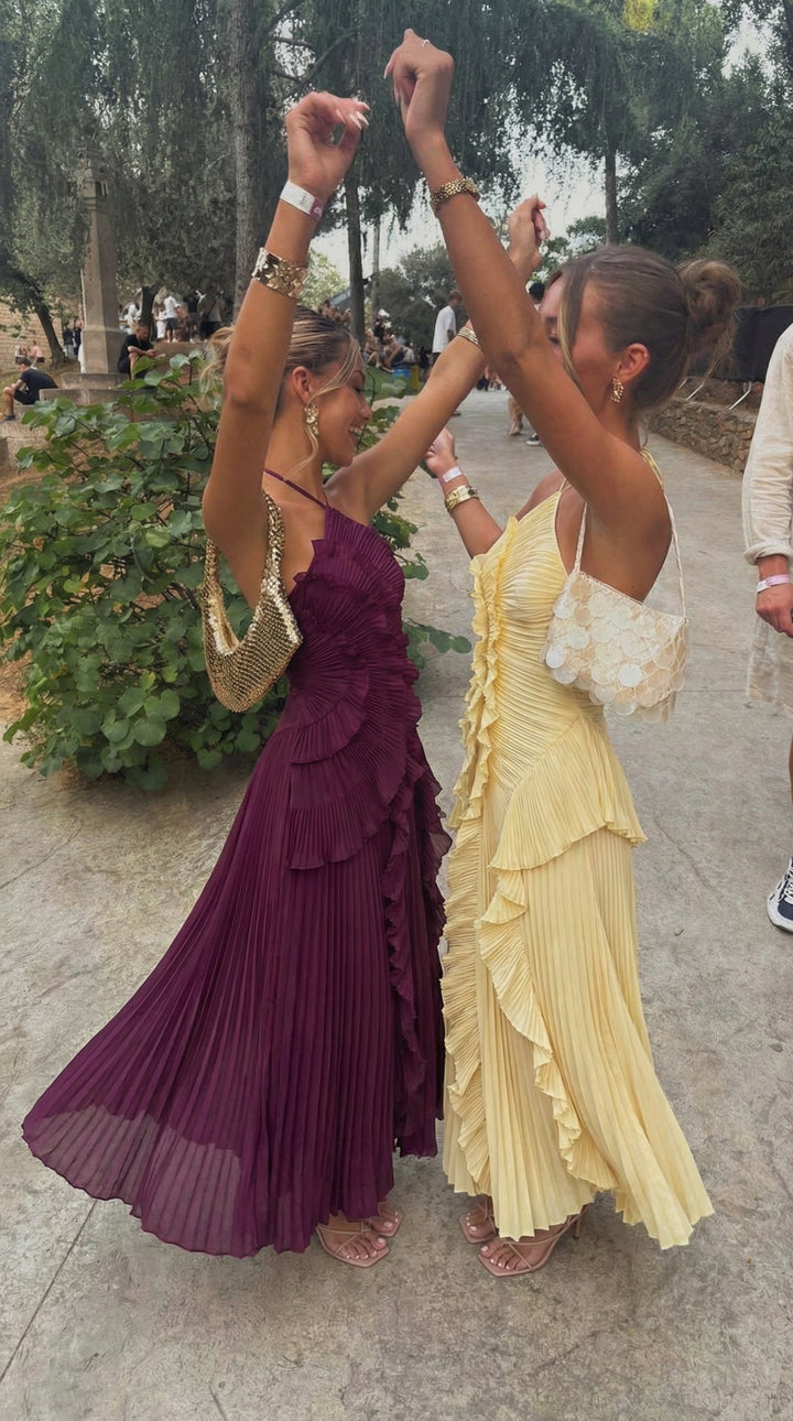 Sophisticated women's wedding guest maxi dress, elegant ruffle & spaghetti strap design.